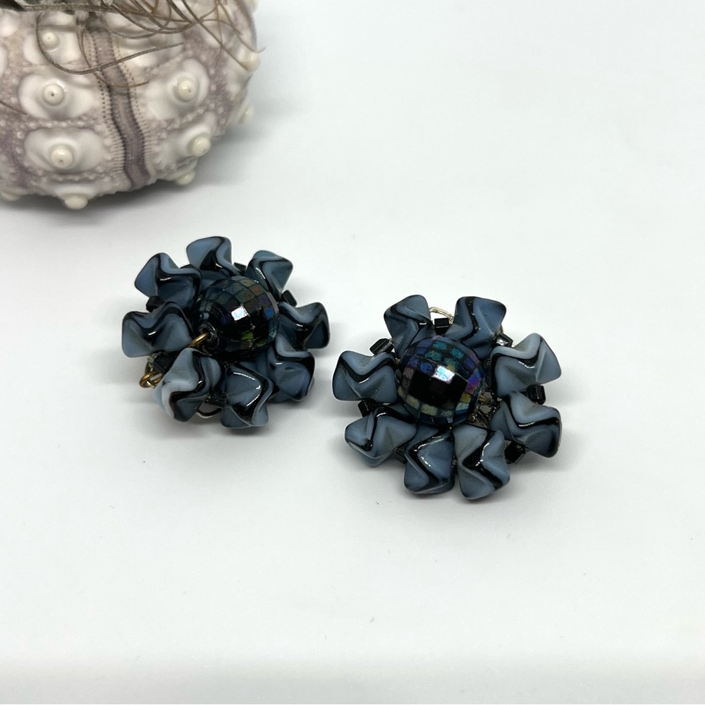 Vintage Dark Blue Beaded Clip On Earrings!